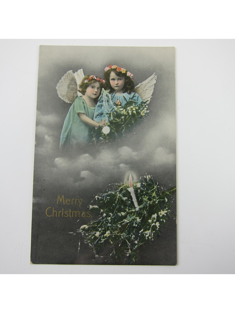 Christmas Postcard Girl Angels Blue & Green Dress Clouds Tree Candle Antique